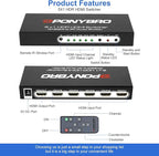 PONYBRO HDMI 2.0 Switch 5 Port 4K@60Hz Auto-Switching – 5 in 1 Out with Remote, HDR10, 3D, Ultra HD for PS5/Xbox/PC/Fire TV, Zero Delay