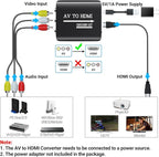 GINGIN RCA to HDMI Converter, AV to HDMI Converter for TV/PC/N64/Wii/PS1/PS2/PS3/STB/Xbox/VHS/VCR/Blue-Ray DVD Players, with 3.3ft RCA and HDMI Cables