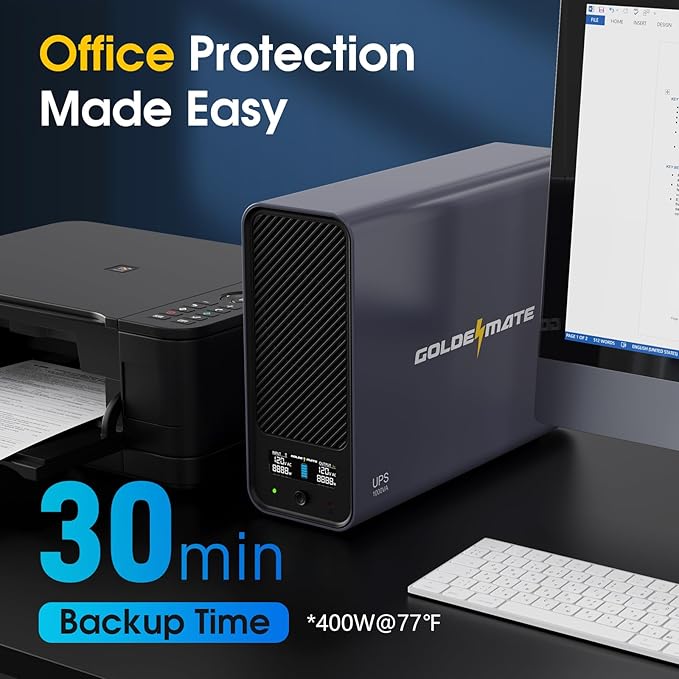 GOLDENMATE 1000VA/800W Lithium UPS Battery Backup and Surge Protector, Sinewave UPS System with LiFePO4 Battery(230Wh), Updated Pro Ver. with USB Communication Port, 8 Outlets, LCD Display, Gray
