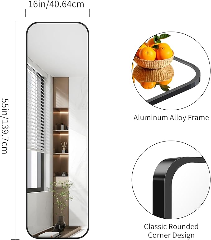FORBATH Bathroom Mirror 55" x 16", Rectangle Black Bathroom Mirror with Black Aluminum Frame Rounded Corner, Wall Mounted Mirror for Bedroom Entryway Living Room