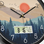Silent Wall Clock with Day Week Temperature Wilderness with Sunset Non-ticking Battery Operated Large Digital Modern Clocks Display with Calendar and Date for Kitchen Farmhouse Bathroom Office 14 Inch