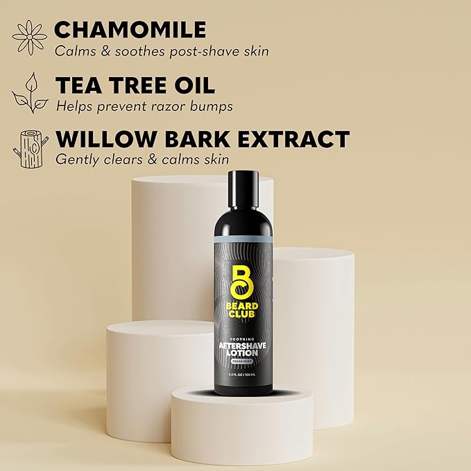 The Beard Club Aftershave for Men – Soothing After Shave Lotion for Men with Chamomile, Tea Tree Oil & Willow Bark – Post Shave Balm Calms Irritation, Prevents Razor Burn & Bumps - 3.4 Fl Oz - 3 Pack