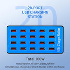 USB Charging Station,100W 20-Port Multi Device Charger with Intelligent Safety Features,Charging Station for Multiple Devices Phone,Watch,Pad,Speakers,Headphones,PS Compact for Home,Office,Travel
