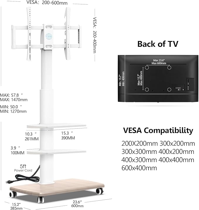FITUEYES Rolling TV Stand with Power Outlets, Swivel Portable TV Stand for 32-70Inch LCD LED OLED Flat/Curved Panel Screen TVs, Height Adjustable&Wood Base, Mobile TV Cart with 2 Shelves