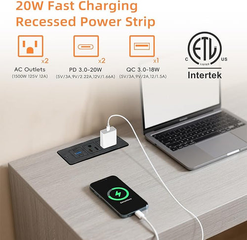 2 Pack Recessed Power Strips USB, 20W Fast Charging Furniture Outlets - 2 AC & 3 USB (2 USB-C + 1 USB-A) for Desk, Bedside, Drawer - Space-Saving, 6FT Cord, Black