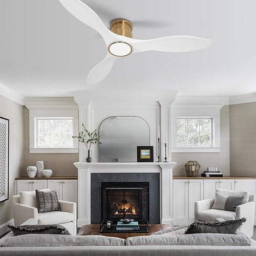 52 Inch Ceiling Fan with Lights and Remote, White Gold Low Profile Flush Mount, Modern 3 Blade Ceiling Fans Dimmable LED Light for Farmhouse Indoor Bedroom, Living Room