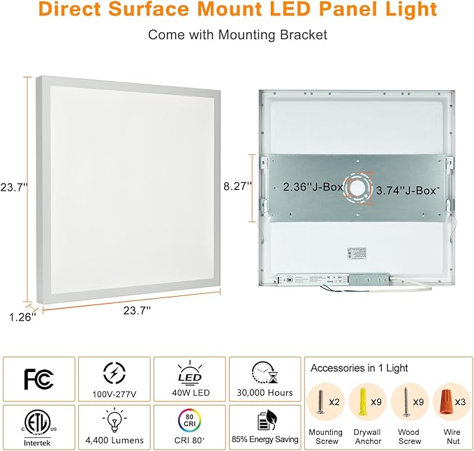 Mcacggo 2x2 FT LED Flat Panel Light Surface Mount Dimmable & 3000K/4000K/5000K in one - 40W 24x24 inch Backlit Flush Mount Ceiling Fixture, Bright 4400LM, 100-277V, ETL Listed, 4-Pack