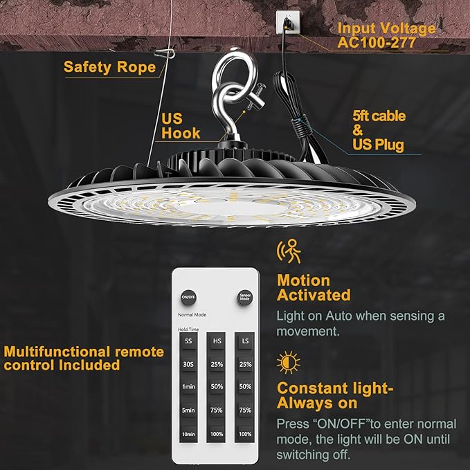 ACOHOOK 400W High Bay LED Lights with Motion Sensor, 60000LM Smart High Bay Shop Light, 𝐀𝐂𝟏𝟎𝟎-𝟐𝟕𝟕𝐕 UFO Commercial Lighting for Warehouse/Barn -4Pack