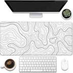 Eflxamz Desk Mat,White Topographic Contour Map Desk Pad,Topographic Contour Large Gaming Mouse Pad for Desk,Extended Big Computer Keyboard Mouse Pad with Non-Slip Base and Stitched Edge,35.4"x15.7"