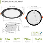 ASD 1 Pack 8 Inch LED Recessed Light 20W, 5 CCT 2700K-5000K CRI90+, IC Rated Ultra Thin Dimmable Ceiling Lights with J Box, Canless Wafer Downlight, Round Slim Panel Lighting, UL Listed, Black