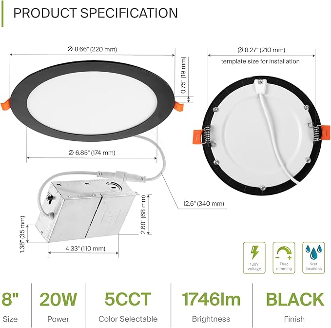 ASD 4 Pack 8 Inch LED Recessed Light 20W, 5 CCT 2700K-5000K CRI90+, IC Rated Ultra Thin Dimmable Ceiling Lights with J Box, Canless Wafer Downlight, Round Slim Panel Lighting, UL Listed, Black