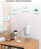 PD30W USB Outlet Extender Surge Protector - with Rotating Plug, 6 AC Multi Plug and 3 USB Ports (2 C), 3-Sided Swivel Power Strip Spaced Splitter for Home, Office, Travel