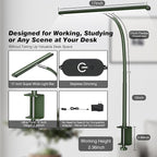 Airlonv LED Desk Lamp for Office Home, Eye-Caring Desk Light with Stepless Dimming Adjustable Flexible Gooseneck, 10W USB Adapter Desk Lamp with Clamp for Reading, Study, Workbench (Green)