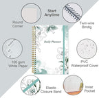 Daily Planner Undated - A5 To Do List Notebook Hourly Schedules, Spiral Appointment Planner for Women and Men, PVC Hardcover, Inner Pocket, Elastic Closure, 5.8" x 8.3", Teal Flowers