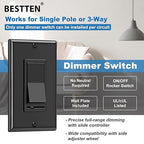 BESTTEN 10 Pack Dimmer Wall Light Switch, Compatible with Dimmable LED, CFL, Incandescent and Halogen Bulb, Single Pole or 3-Way Dimmer Switches, 120VAC, Decorator Wall Plate Included, Black