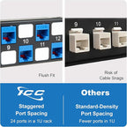 ICC 24 Port Blank Keystone 1U Patch Panel with 19” Metal Rackmount Housing, Staggered Ports to Reduce ANEXT, Works with Wide and Slim Profile Keystone Jacks (Sold Separately), UL Listed, IC107BE241
