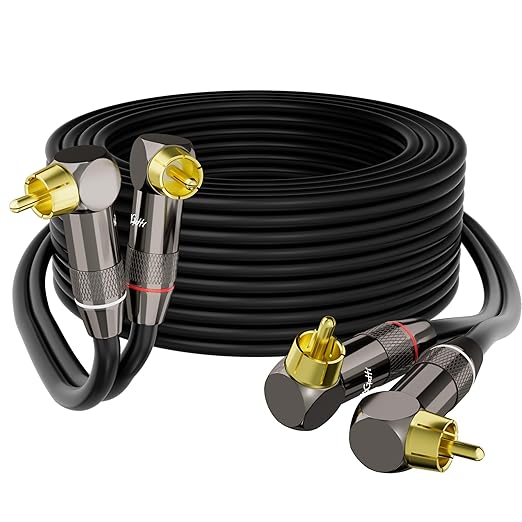 Right Angle RCA Cable 40 FT, 90 Degree 2RCA to 2RCA Stereo Audio Cable, Zinc Alloy Shell, Gold-Plated Plug, 2 RCA Audio Cord, for Home Theater, Subwoofer, HDTV, Amplifier, Hi-Fi System, Car, Speaker