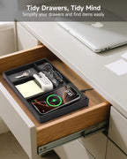Valet Tray, Built in Wireless Charging Pad, Nightstand Organizer, Two-Toned Premium Vegan Leather Desk Bedside Caddy Organizer Tray for Keys, Watch, Wallet, Jewelry (Black+Gray)