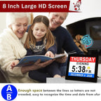 Véfaîî 19 Alarms Dementia Clock 8 Inch Large Display, Auto DST, 10 Levels Auto Dimmable, Non-Abbreviated Date and Day Calendar Clock for Seniors, with Power Adaptor, Picture Frame Feature