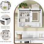 QUW 31" Farmhouse Bathroom Wall Cabinet, Bathroom Medicine Cabinets with Mirror, Over Toilet Wall Storage Cabinet, 3 Lighting Modes, Adjustable Brightness, Jewelry Holder, Sliding Door, White