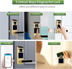 Harfo Smart Door Lock, Heavy Duty 5 in 1 Keyless Entry Door Lock, Full App Control Digital Keypad Lock, Reversible Handle with Fingerprints and Passcodes for Family/Office/Apartment (Gold)
