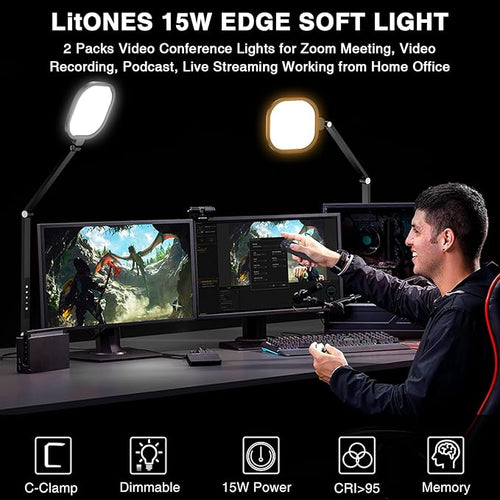 2 Packs Video Conference Light for Computer, 15W LitONES Desk Light for Zoom Calls Meeting with C-Clamp & Metal Swing Arm, Podcast Lighting Kit with Remote, Memory & Timing CRI＞95