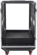 Sound Town 16U PA DJ Pro Audio Rack/Road ATA Case with 2U Drawer, 11U Slant Mixer Top, Two DJ Work Tables, Casters, Pro Tour Grade (MR-DR16UT2)