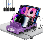 300W Charging Station for Multiple Devices, 8 Port Multi USB C Fast Charger Station Dock for MacBook iPhone 16/15/14/13/12 Samsung Pixel Series iPad, Purple (6 Mixed Short Cables Included)