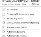 HP Color Laserjet Pro MFP 4301fdw Wireless All-in-One Color Laser Printer, Scanner, Copier, Fax, Best-for-Office