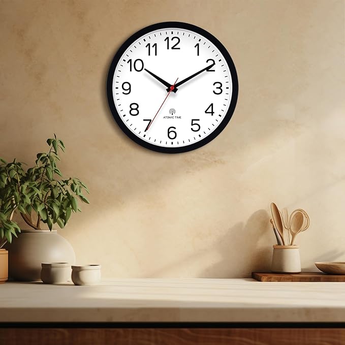 AKCISOT Atomic 14 Inch Wall Clock Analog Clocks for Indoor Kitchen, Battery Operated Clock for Bedroom Office Classroom Living Room(Black)