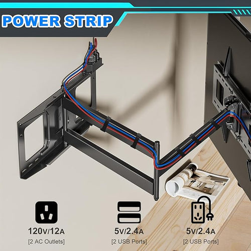 48'' Extension Extra Long Arm TV Wall Mount with Power Strip, Heavy Duty Full Motion TV Wall Mount for 37 to70,75,77,80,85'' Screens, Max VESA 600x400mm, Hold 110 lbs, 16''-24'' Wood Studs