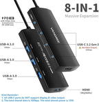 USB C Hub 8 in 1 Multiport Adapter, 3 USB 3.2 Gen 2 Ports with 10Gbps, 3 USB-A 3.0 5Gbps, 4K@60Hz HDMI, 100W PD, USBC Splitter for MacBook Pro, iPad Pro, Mac mini and More(Not Support USB-C Monitor)