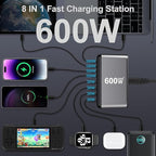 600W USB C Charger 100W USB C Charger Block, GaN III 8-Port Fast Charging Station Hub,PD 3.1 140W Laptop Charger Adapter Compatible with MacBook Pro/Air,DELL,Steam Deck,iPhone 16/15/14,Galaxy S25