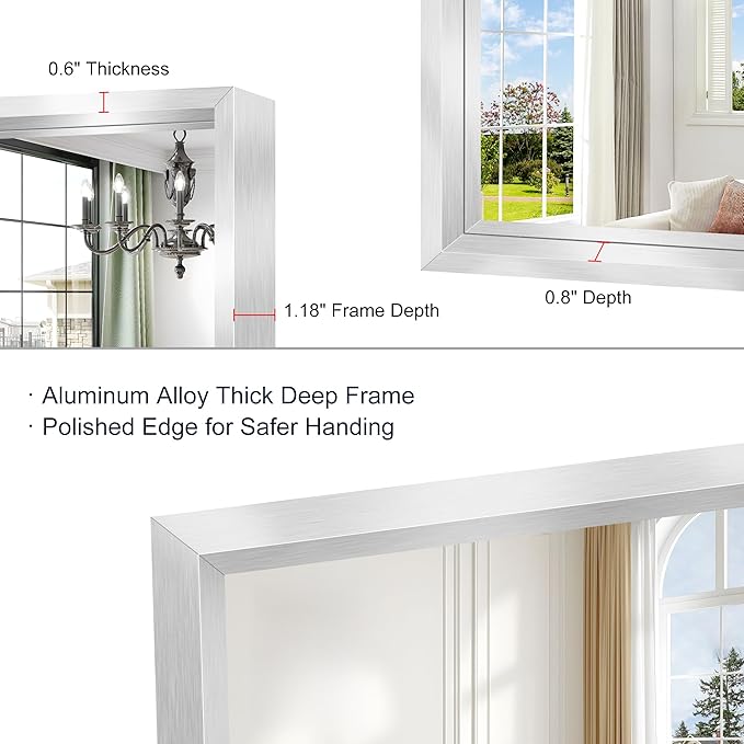 20x36 Silver Bathroom Mirror, Brushed Silver Rectangular Mirror for Wall, 0.6" Thickened Deep Frame Mirrors for Bathroom Sink, Shatterproof Tempered Glass, Antirust, Horizontally or Vertically