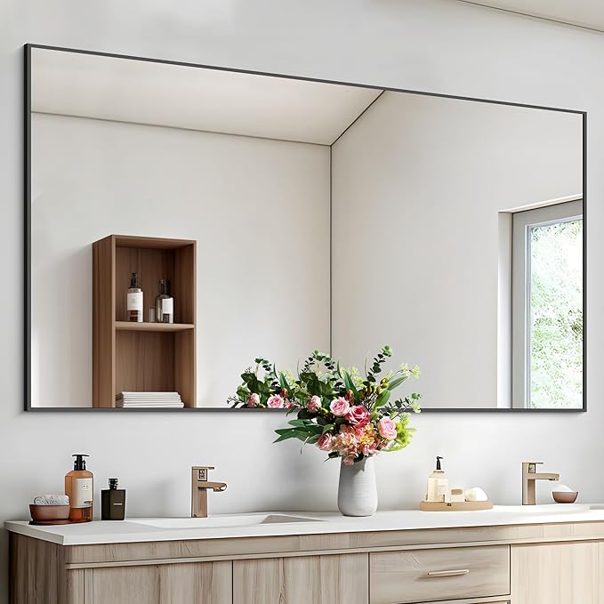 Black Bathroom Mirror for Wall, 55x30 Inch Rectangle Mirrors with Metal Frame, Modern Vanity Wall Mirror Decor for Bathroom Living Room, Entryway Hangs Horizontal or Vertical