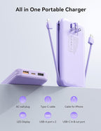 Ultra-Portable-Charger-Power-Bank with Built in Cables&AC Wall Plug,12000mAh PD20W USB-C Fast Charging Cell Phone Charger Battery Pack,LED Display Travel Battery Bank for All iPhone,Samsung,Android