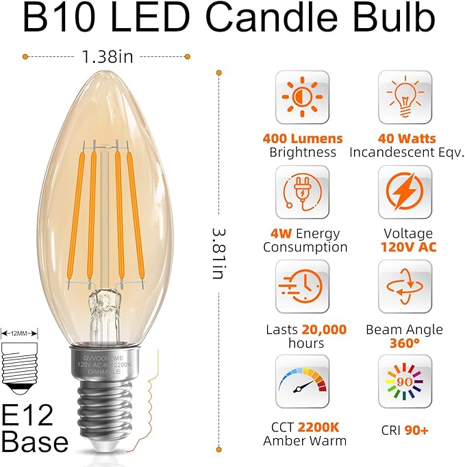GvvooHome Candelabra Light Bulbs 40 watt Equivalent, E12 LED Bulb Dimmable B10 Candle Light Bulbs, 2200K Amber Warm, Chandelier Light Bulb, 90+CRI, 400LM, Amber Glass Finish, 24 Pack