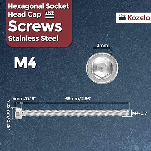 Kozelo 25pcs Socket Head Cap Screws - [M4-0.7 x 65mm] 304 Stainless Steel Allen Socket Drive for Electrical Motor 3D Printing Fan Engine Replacement Use, Silver
