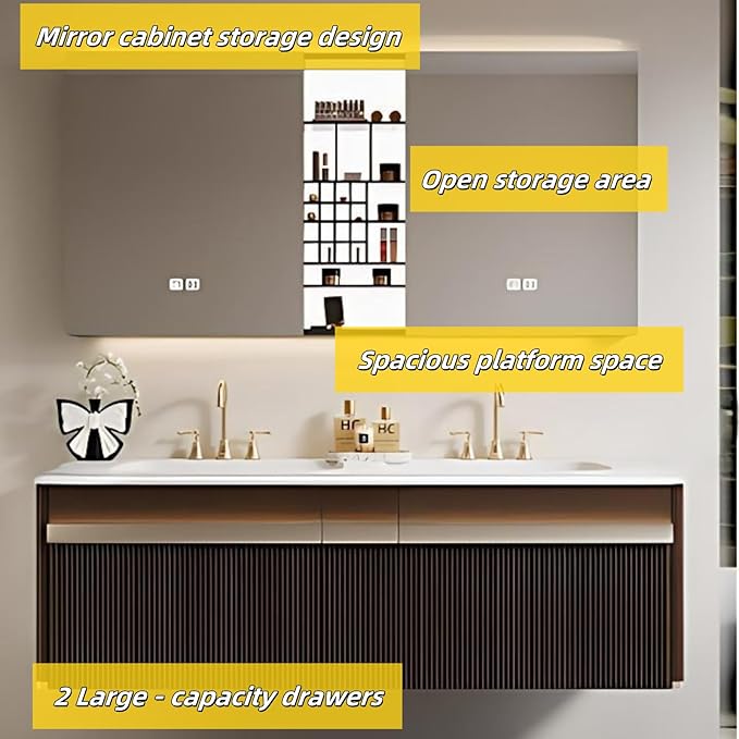 Bathroom Vanity with Double Sink - Bathroom Cabinet Vanity Including Grille Shaped Panel | Bathroom Vanity Double Sink, Soft Light LED Lights & Smart Defogging Mirror (Mirror Cabinet, 64IN)