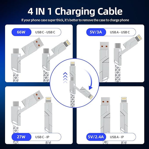 66W 4 in 1 Charging Cable,Fast Multi Charging Cable 5FT,USB C Cable Fast Charge&Data Transfer, Type C 66W 27W PD Multiple Charger Cord for iPhone16/15/14/13 Series/Phones/Pads/Laptop and More-Silver