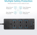 UK to US Plug Adapter, Jumpso Power Strip with 6 International Outlets and 4 USB Ports (1 USB C), 110-240v, 3000w, 6Ft, Universal Travel Adapter Extension Cord for Electrical Equipment