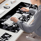 Gaming Mouse Pad, Large Desk Mat, Cute Desk Pad Protector, 4in1 XXL Mousepad + Keyboard Wrist Rest+Mouse Wrist Rest+Coaster Set with Ergonomic Desk Pad for Home Office PC Computer, Black White Flowers
