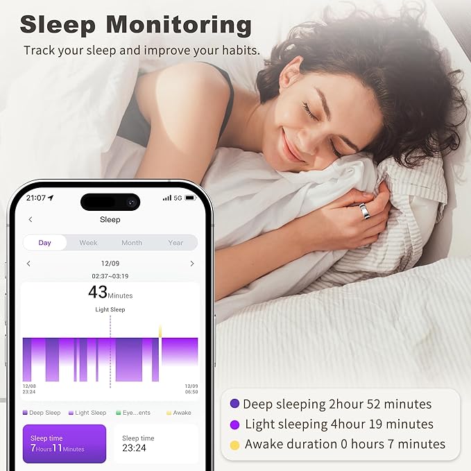 Smart Ring for Women Men, Fashion Minimalist Fitness Ring & Sleep Tracker Ring with Heart Rate, Blood Pressure, Waterproof Health Ring, Birthday Gift for Women Men, No Subscription (Size 9, Silver)