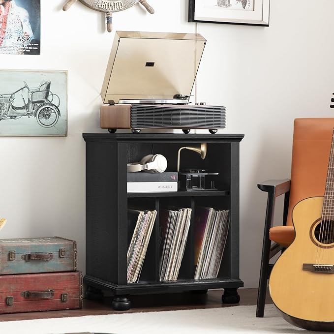 Joaxswe Record Player Stand with Charging Station Up to 200 Albums, 24" Wide Mid-Century Record Player Table with Vinyl Record Storage,Large Wood Turntable Stand Dispaly Cabinet for Living Room,Black