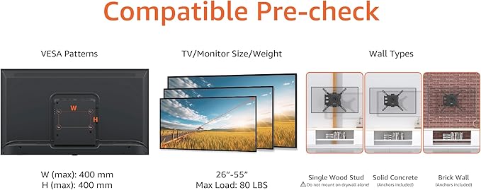 Amazon Basics Full Motion Articulating TV Wall Mount, with Swivel and Tilt, for 26" to 55" TVs and Flat Panels up to 80 Lbs, VESA Compatible, Black