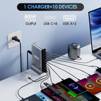 800W USB C Charger Block, 10 Port Charging Station, GaN Ⅲ Charging Station for Multiple Devices, Travel Charger for Multiple Devices, USB C Charging Hub Compatible with MacBook iPhone Galaxy Hp Dell