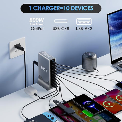 800W USB C Charger Block, 10 Port Charging Station, GaN Ⅲ Charging Station for Multiple Devices, Travel Charger for Multiple Devices, USB C Charging Hub Compatible with MacBook iPhone Galaxy Hp Dell