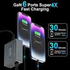 USB C Charger Block, 285W 6-Port GaN Fast Charging Station Hub with 100W Cable, Dual PD 100W Multi-Device USB C Wall Charger Adapter for iPhone 17 16 15, MacBook, Laptop, iPad, Samsung Galaxy and More