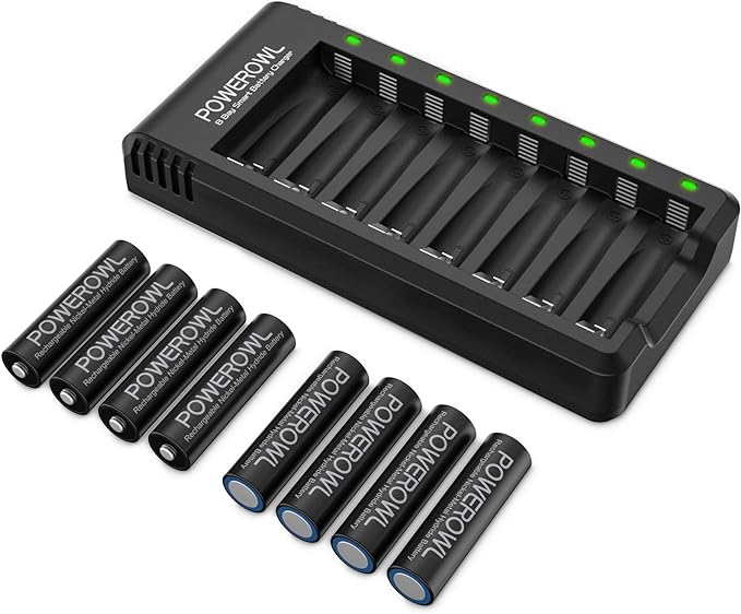 POWEROWL Rechargeable AA Batteries with Charger, 8 Pack of 2800mAh High Capacity Low Self Discharge Ni-MH Double A Batteries with Smart 8 Bay Battery Charger (USB Fast Charging, Independent Slot)