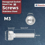 Kozelo 50pcs Socket Head Cap Screws - [M3-0.5 x 12mm] 304 Stainless Steel Allen Socket Drive for Electrical Motor 3D Printing Fan Engine Replacement Use, Silver